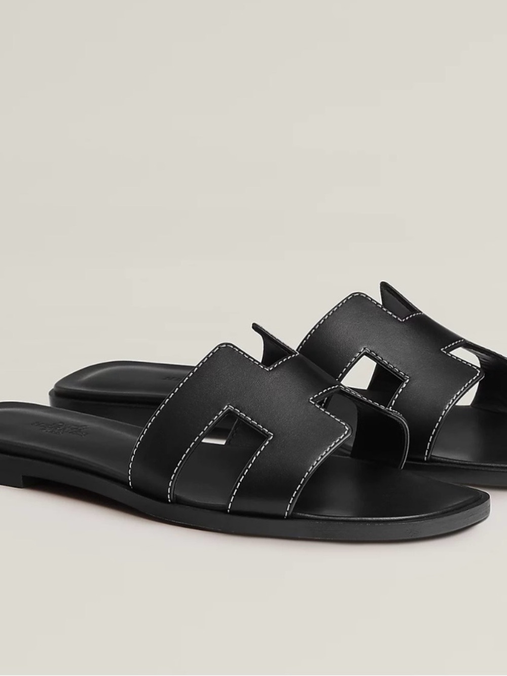 Hermes Black Leather Oran Slide Sandal with Contrast Stitching